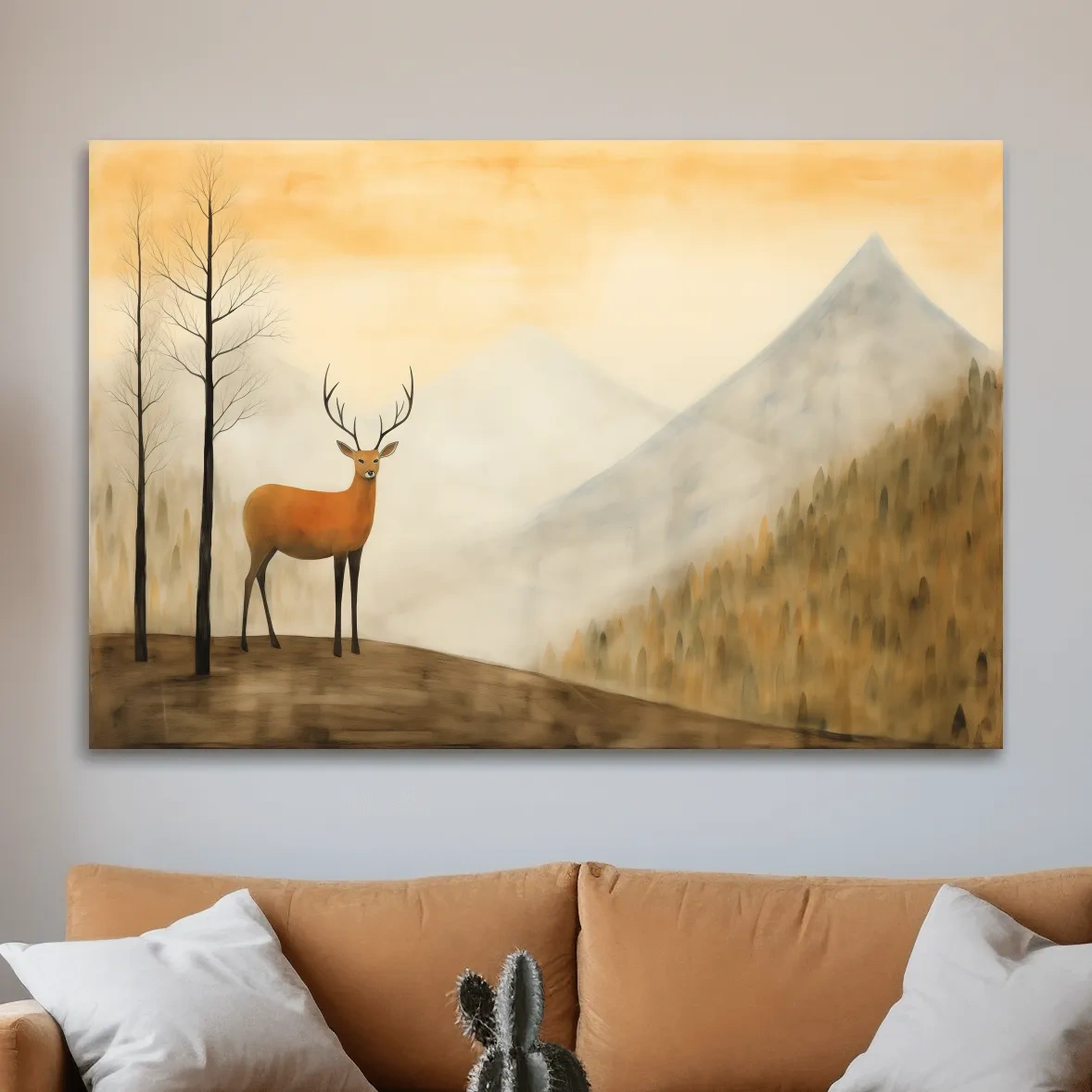 Deer standing in mountain mist, serene landscape wall artwork
