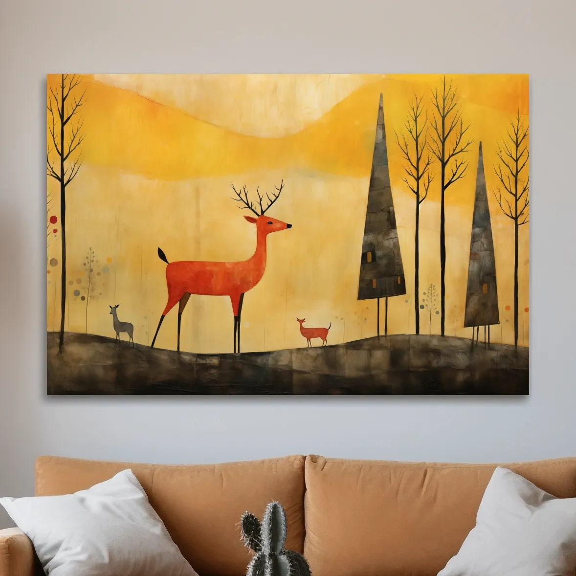 Red deer in an autumn forest landscape, quirky painting artwork