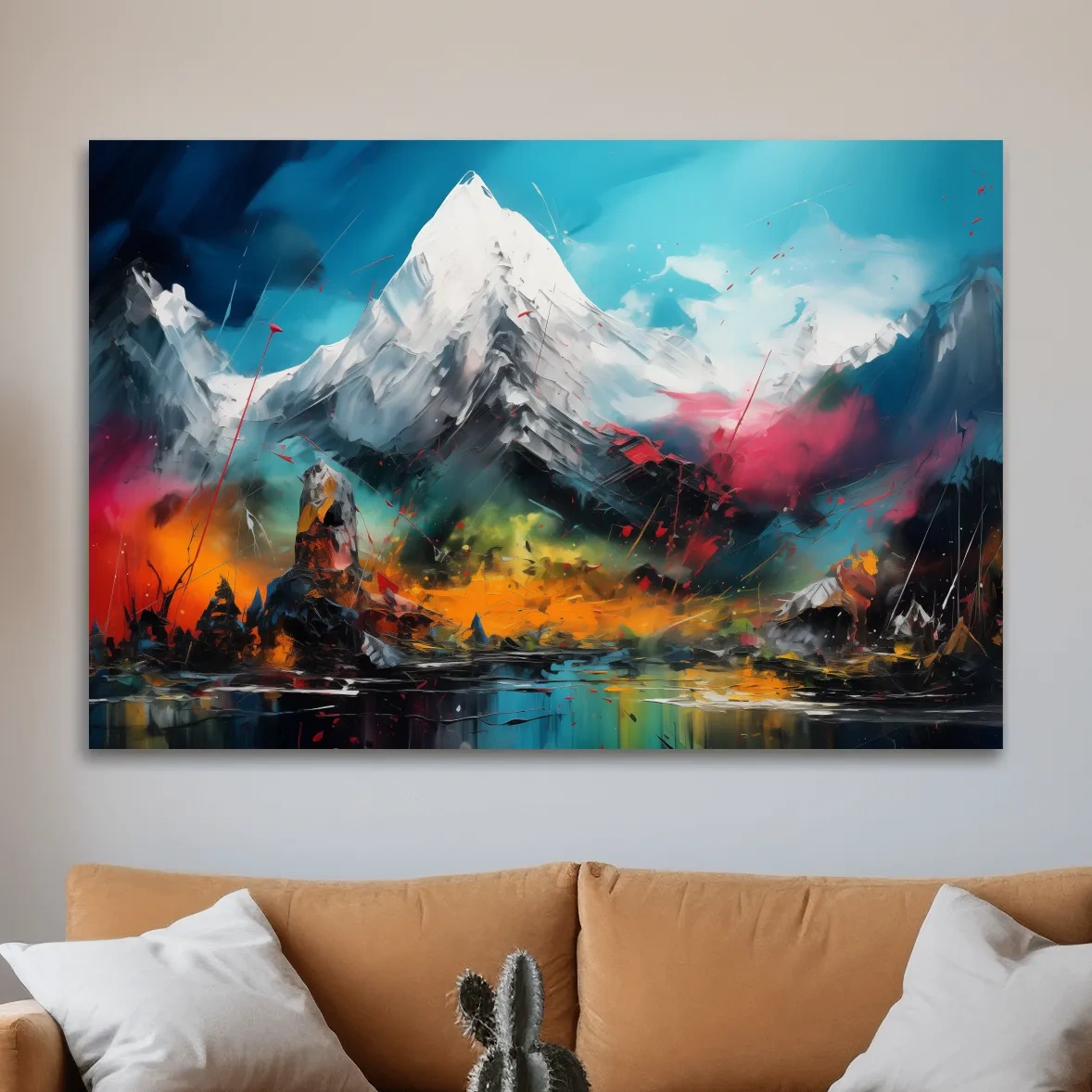 Abstract vibrant mountain wall art, impasto painting effect