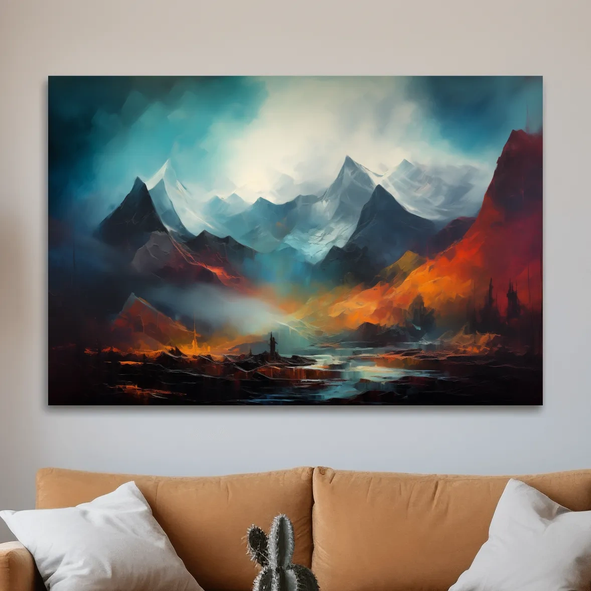 Colorful impressionist painting, abstract mountain landscape artwork