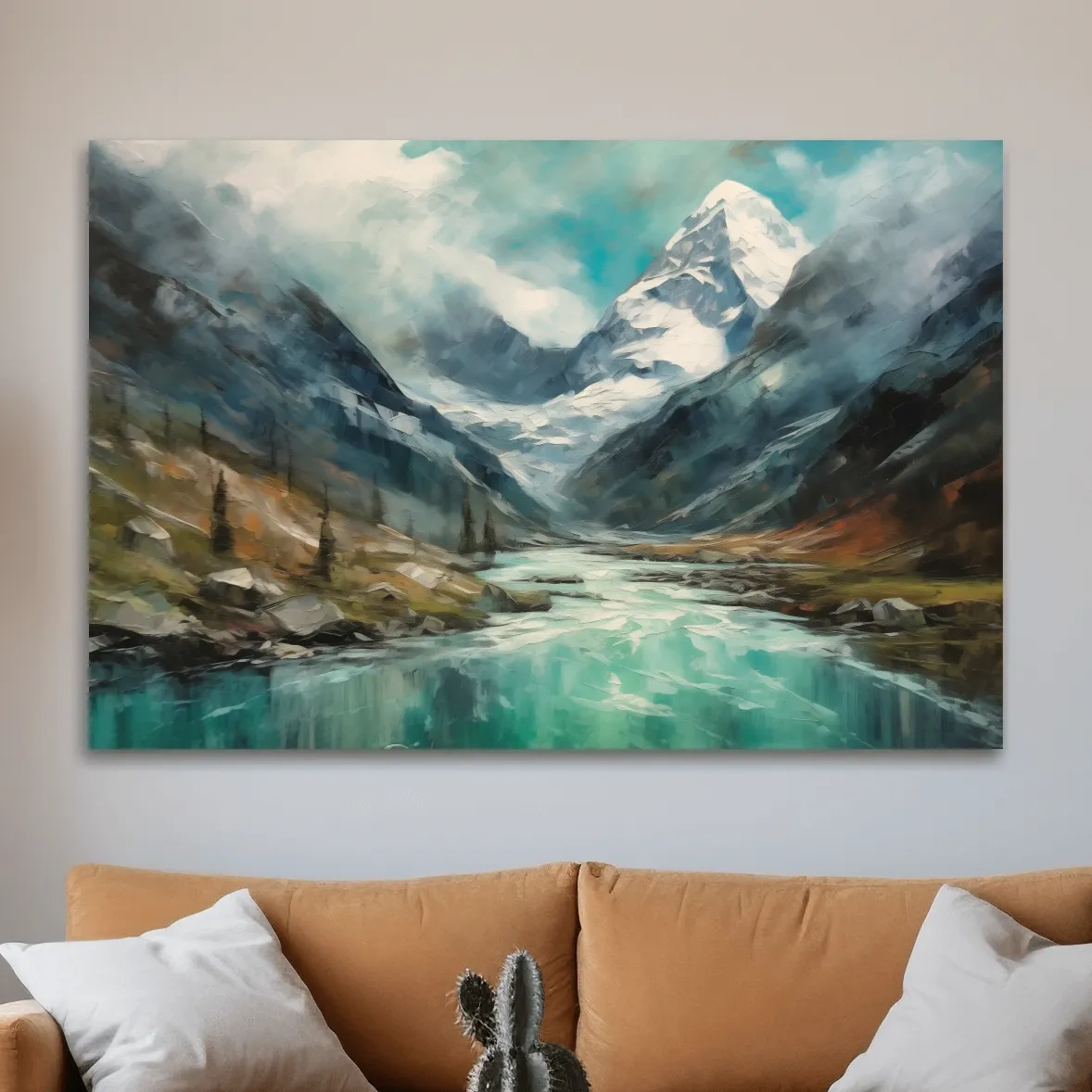 Impressionist style painting of alpine meadows, glacier and lake