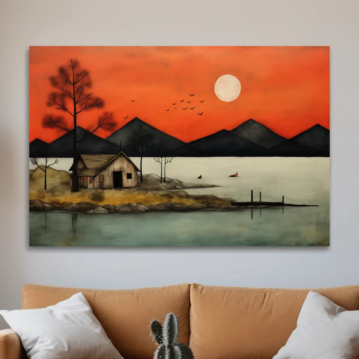 Rustic Lakeside Cabin Sunset Painting - Mountain Wall Art