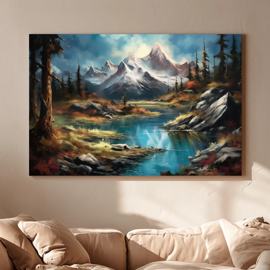Alpine Lake And Snowcapped Peaks - Dramatic Landscape Painting Wall Art