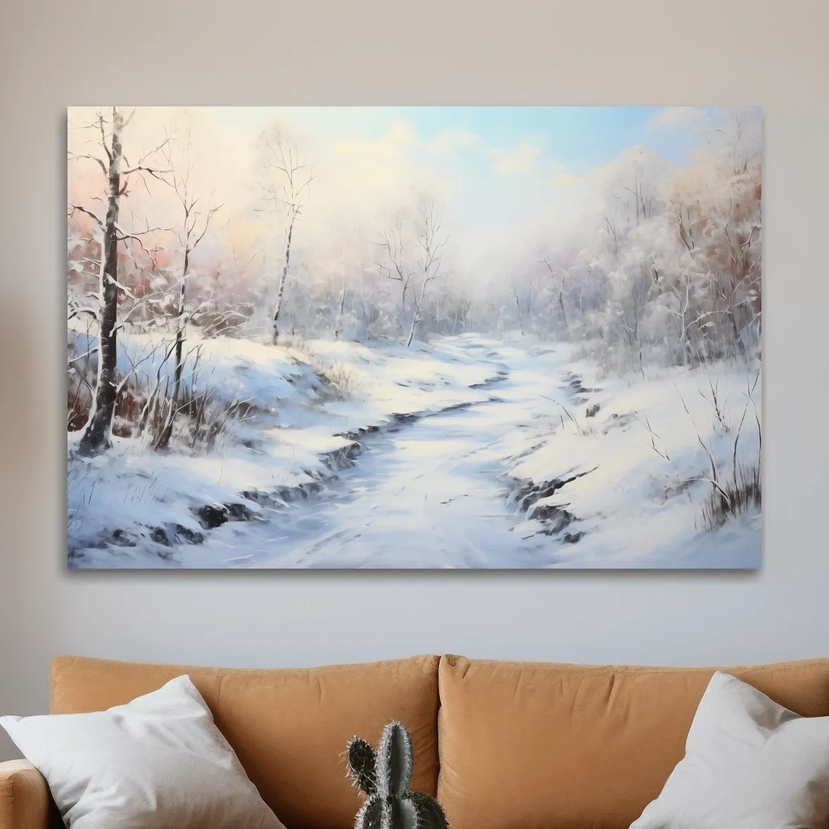 Winter landscape artwork, serene snowy forest path with soft pastel sky