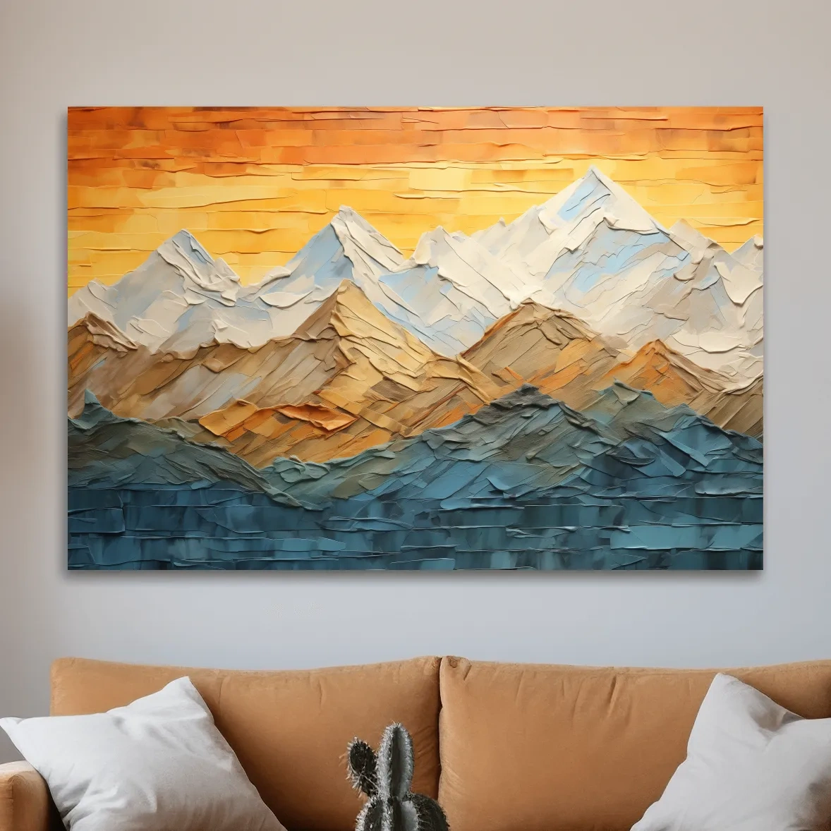 Impasto Style Mountain Range Sunset - Pallet Knife Painting Effect Wall Art