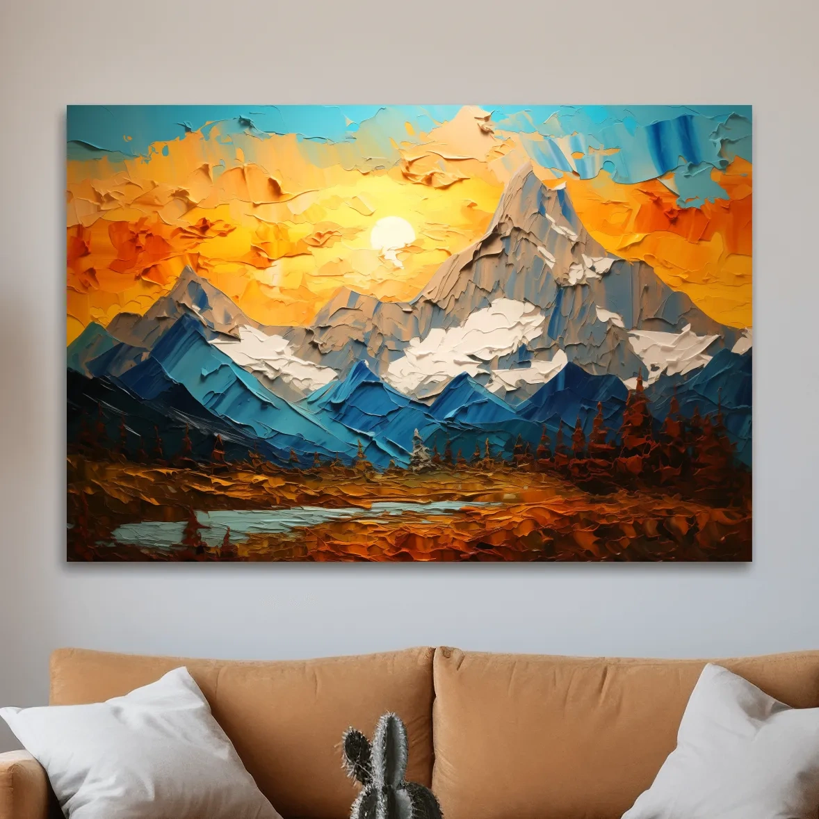 Textured Palette Knife Mountain Sunset - Vibrant Abstract Alpine Artwork