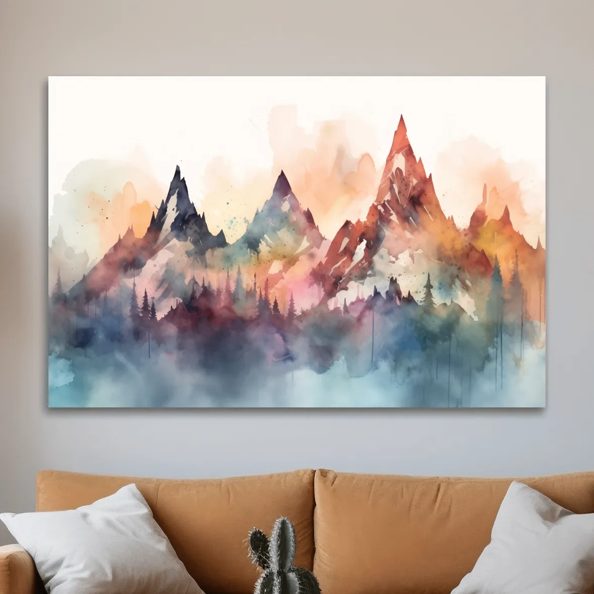 Colorful watercolor mountain wall art, serene misty landscape painting