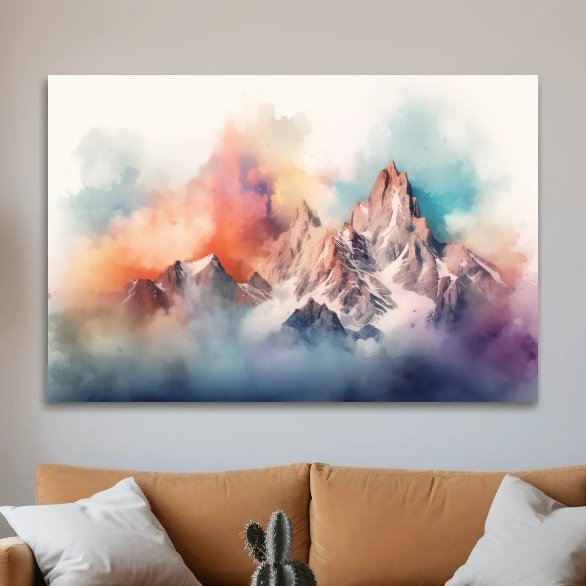 Abstract colourful mountain artwork, vibrant effect with clouds and peaks