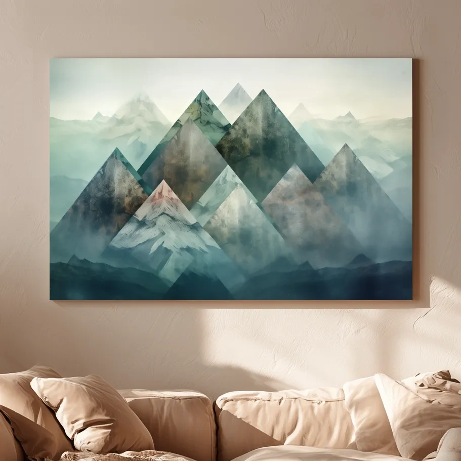 Geometric Misty Mountain Peaks - Mystical Abstract Alpine Wall Art