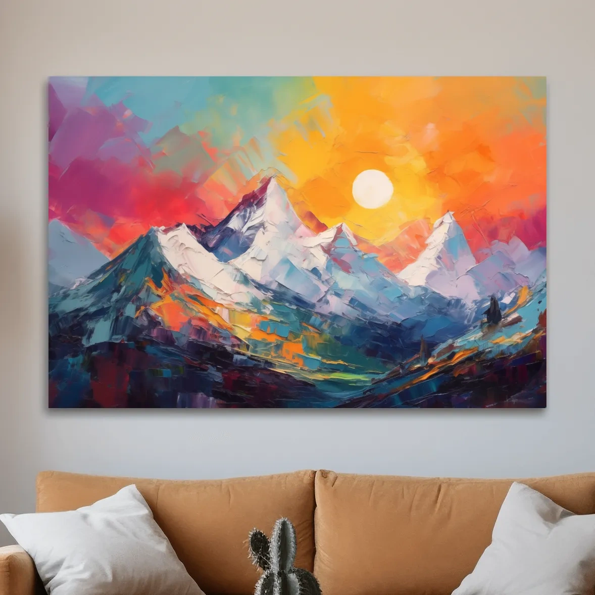 Colorful abstract mountain wall art, vibrant sunset oil painting print