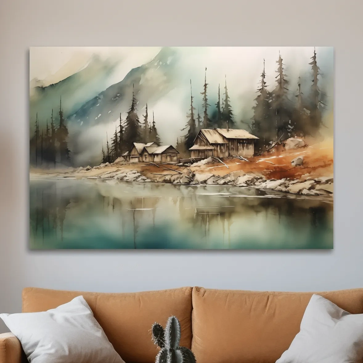 Rustic alpine mountain lake cabins, watercolor style landscape wall art