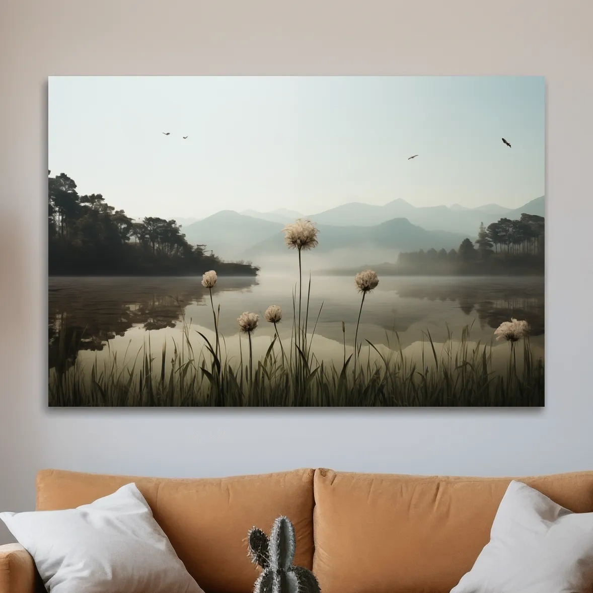 Photographic art painting of dandelions on the lake
