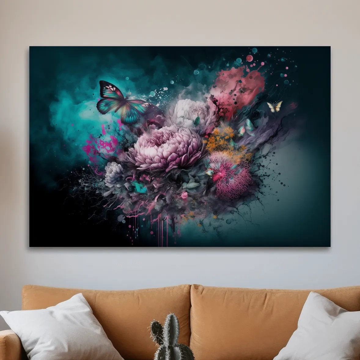 Fantasy floral explosion artwork with butterflies, vibrant abstract wall art