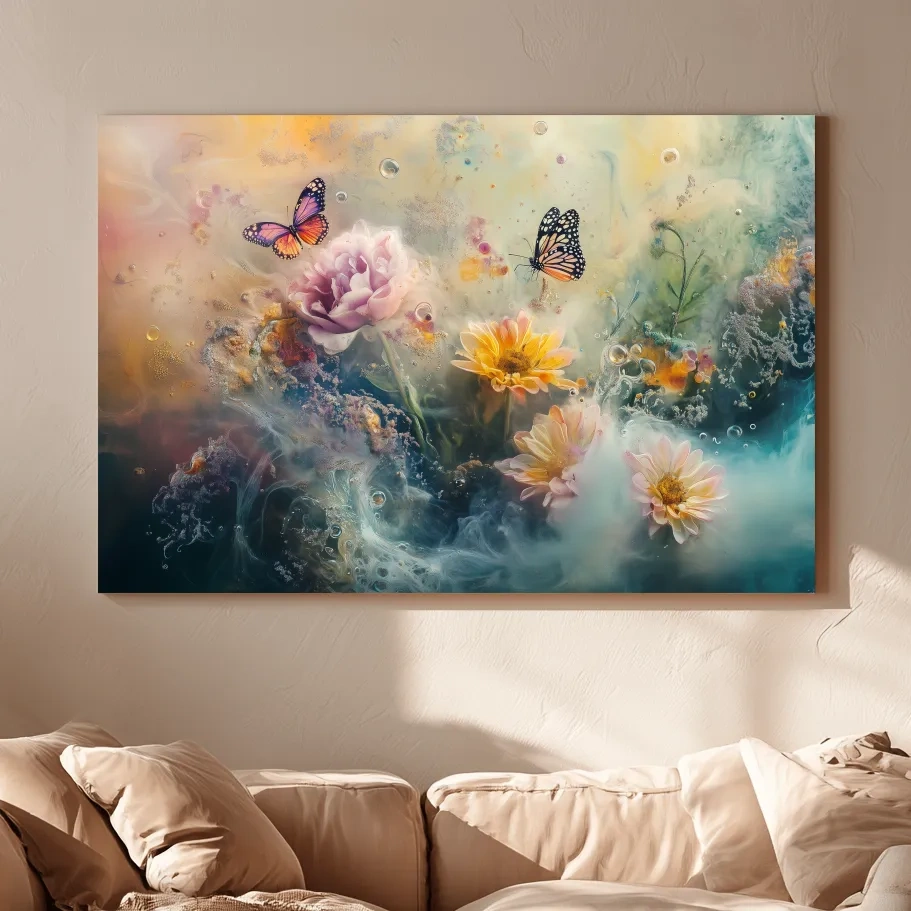 Ethereal Butterfly Floral Dreamscape - Pastel Mixed Media Wall Art
