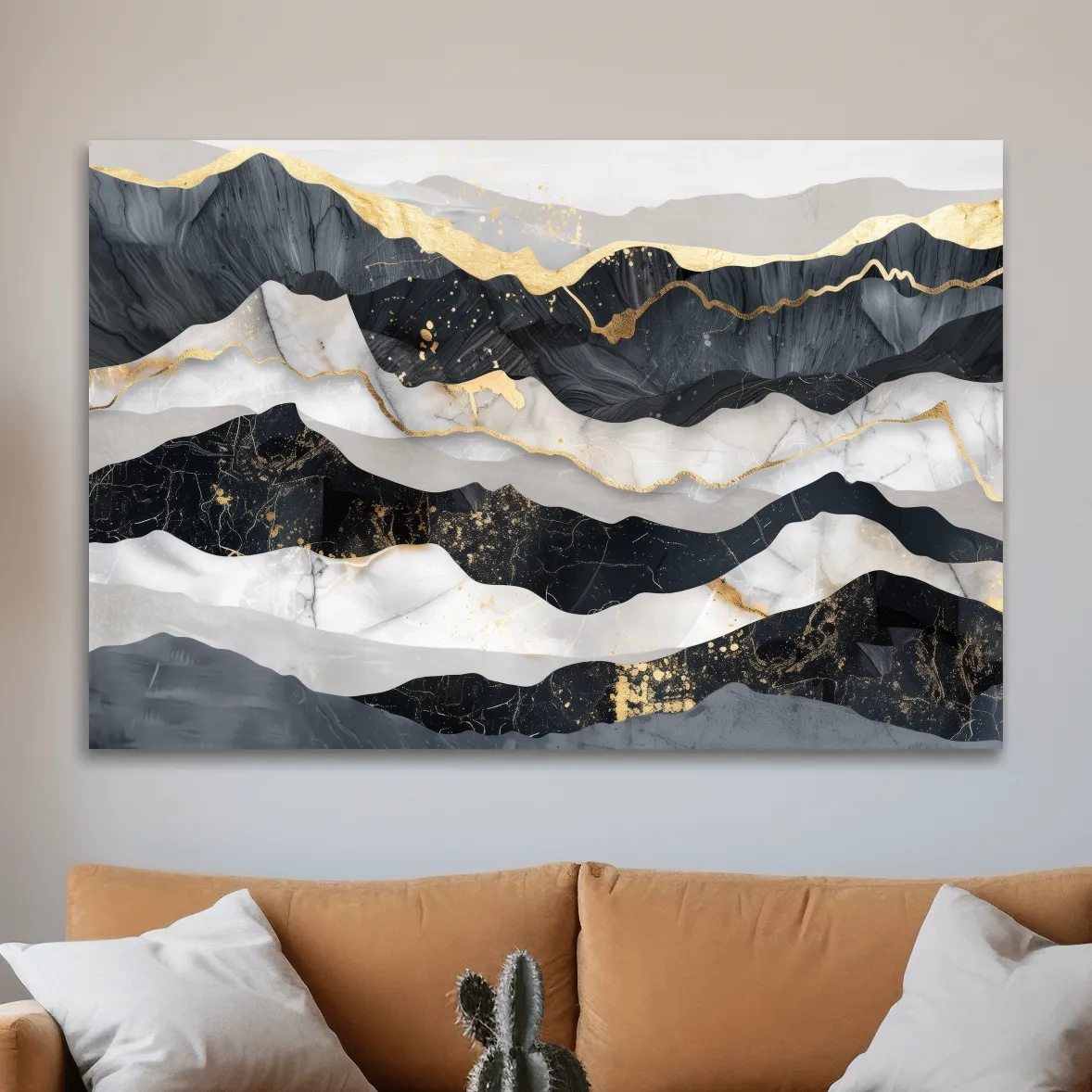 Abstract Black Marble Mountain Layers - Modern Elegant Gold Foil Landscape Wall Art