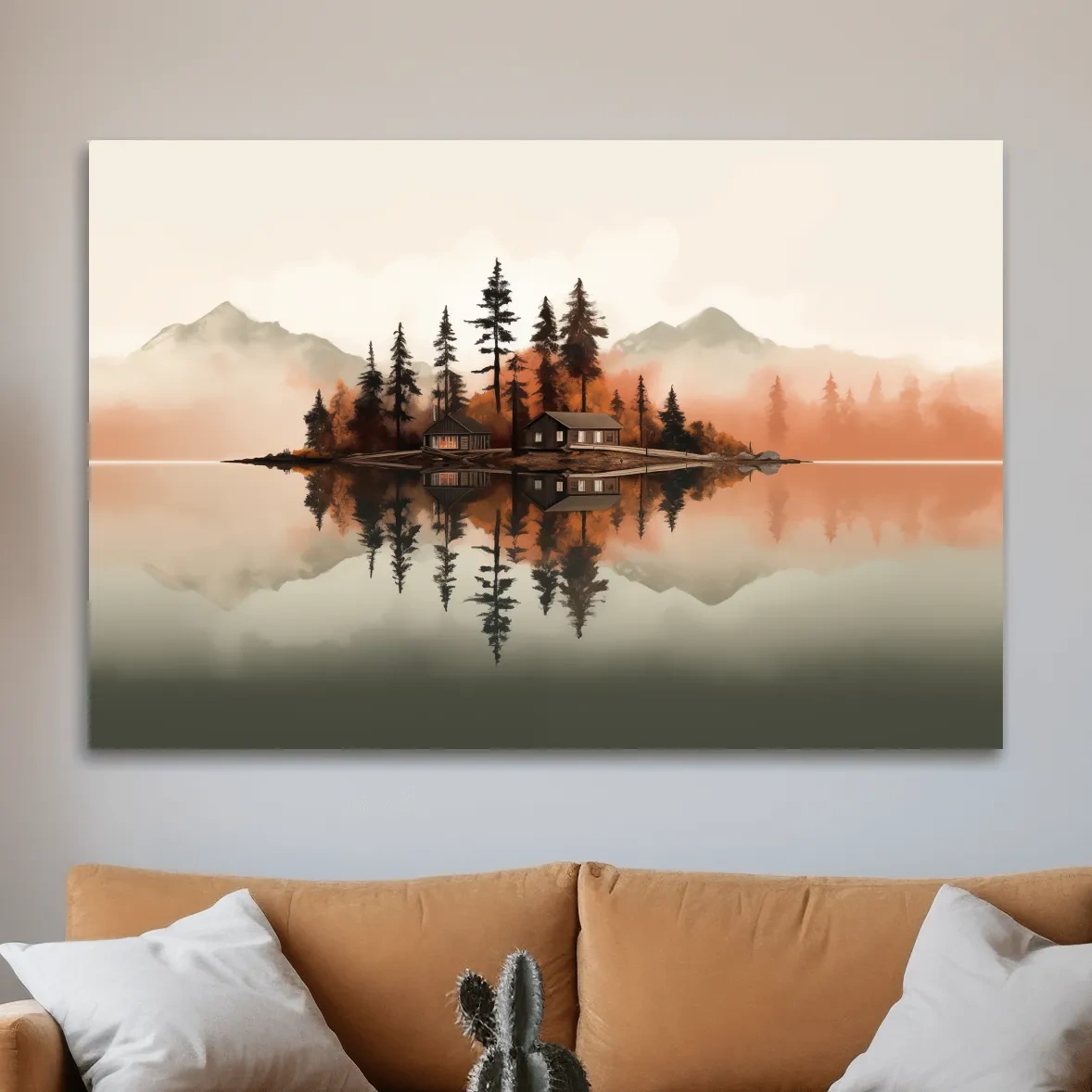 Minimalist art, lakeside cabin amongst the trees