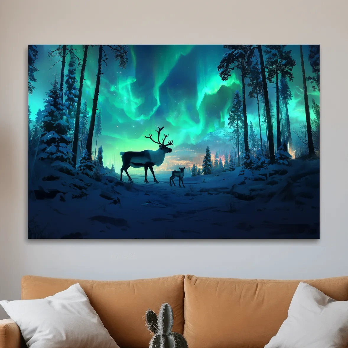 Caribou buck and fawn under vibrant northern lights in a snowy winter forest
