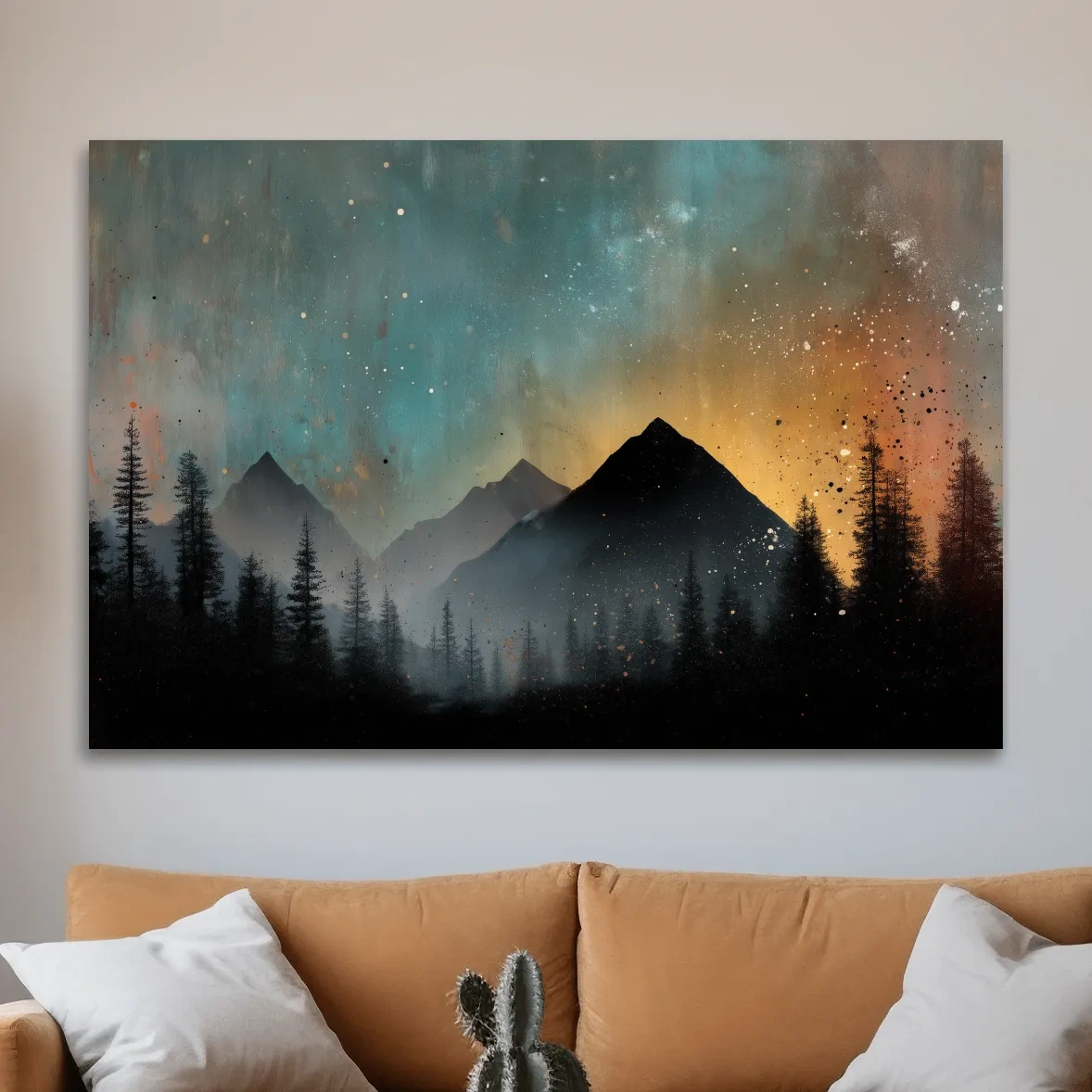 Colorful mountain sunrise artwork, misty forest and starry sky painting