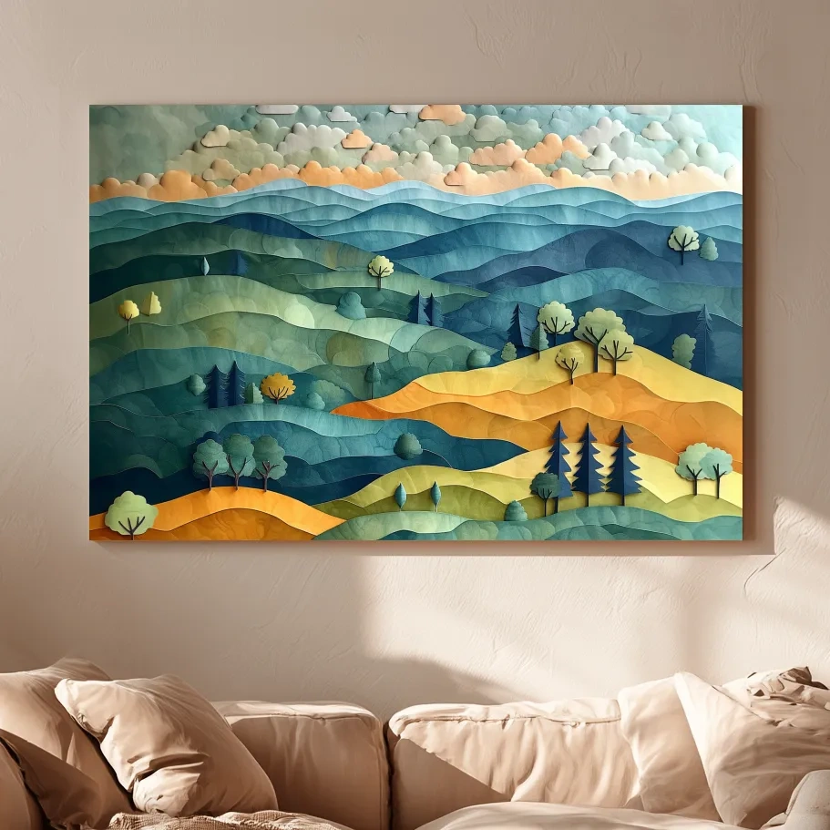 Layered Paper Cut Mountain Landscape - Colorful Modern Nature Wall Art