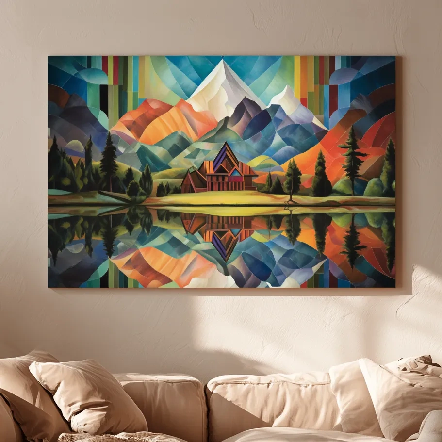 Vibrant Geometric Mountain Cabin Lake Reflection - Colorful Abstract Landscape Wall Art