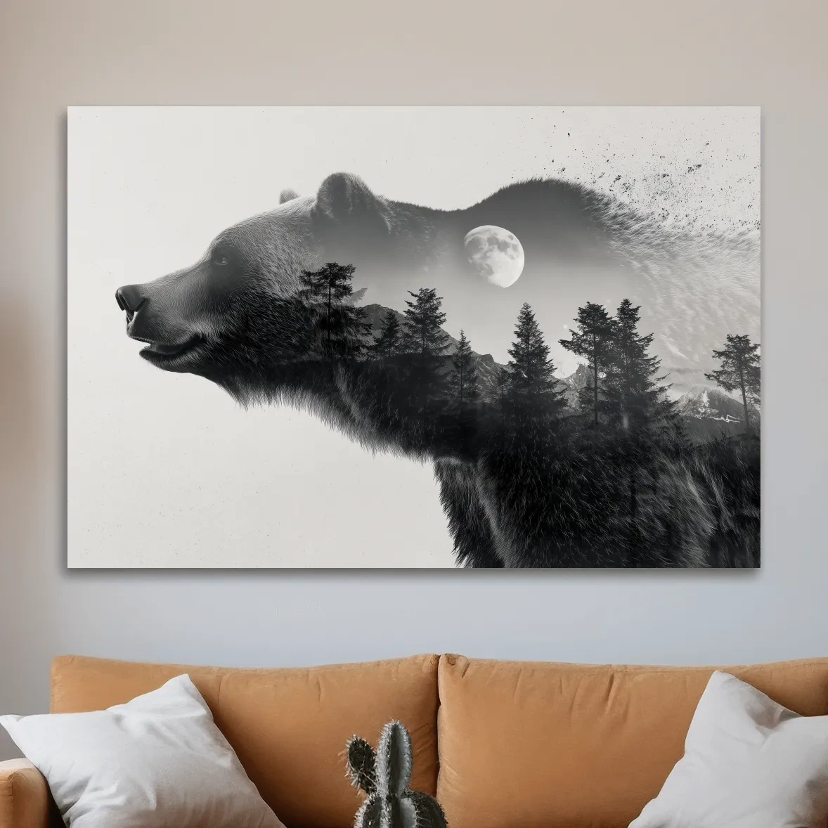Black And White Grizzly Bear Double Exposure - Moonlit Pine Forest Mountain Wall Art