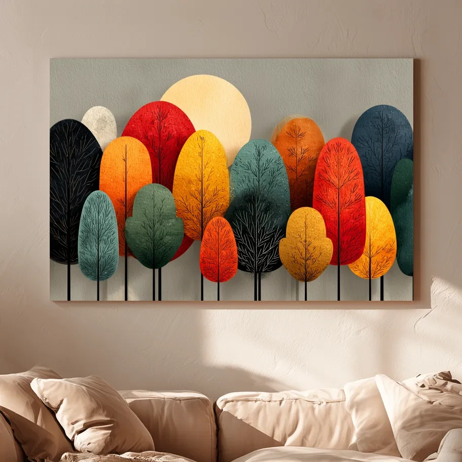 Mid-Century Abstract Autumn Forest Trees - Modern Scandinavian Landscape Artwork