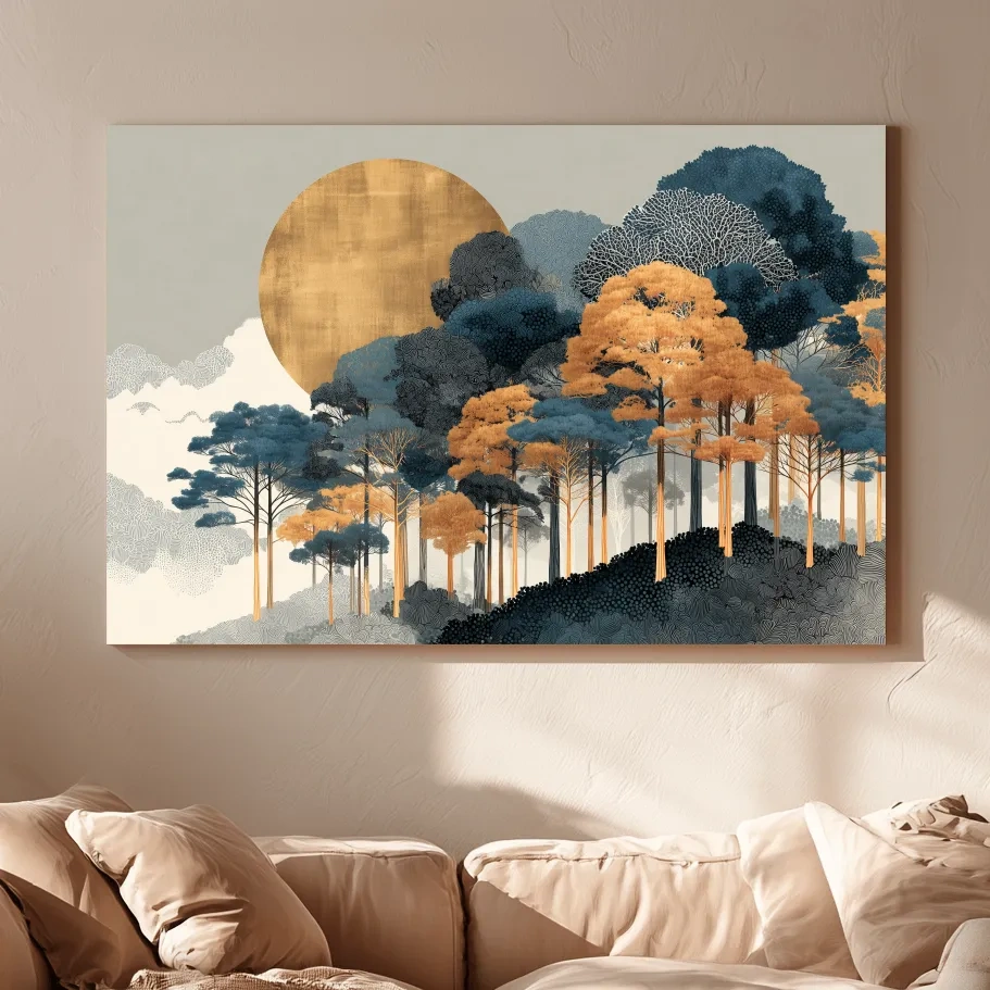 Modern Chic Golden Sun Over Autumn Forest - Elegant Boho Landscape Wall Art