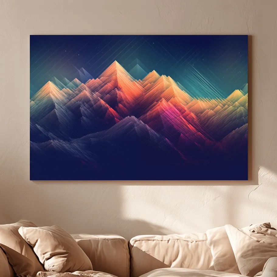 Vibrant Geometric Neon Mountain Peaks - Abstract Alpine Wall Art