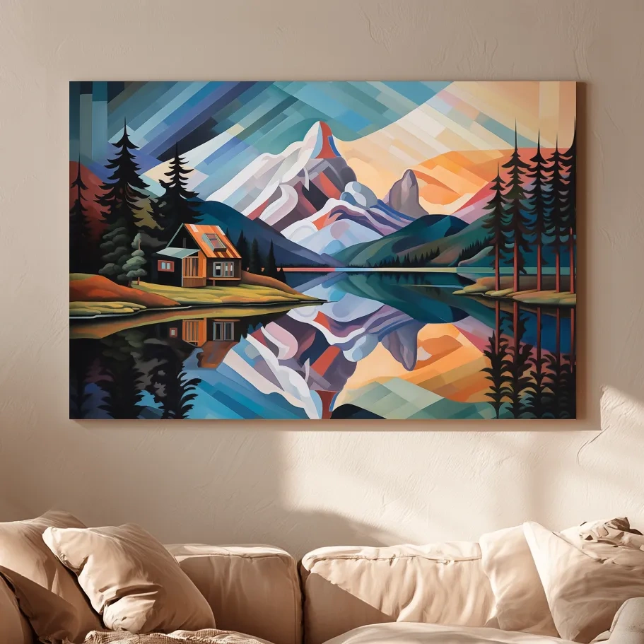 Mountain Cabin by the Lake Canvas Print - Abstract Oil Painting Sunset Wall Art