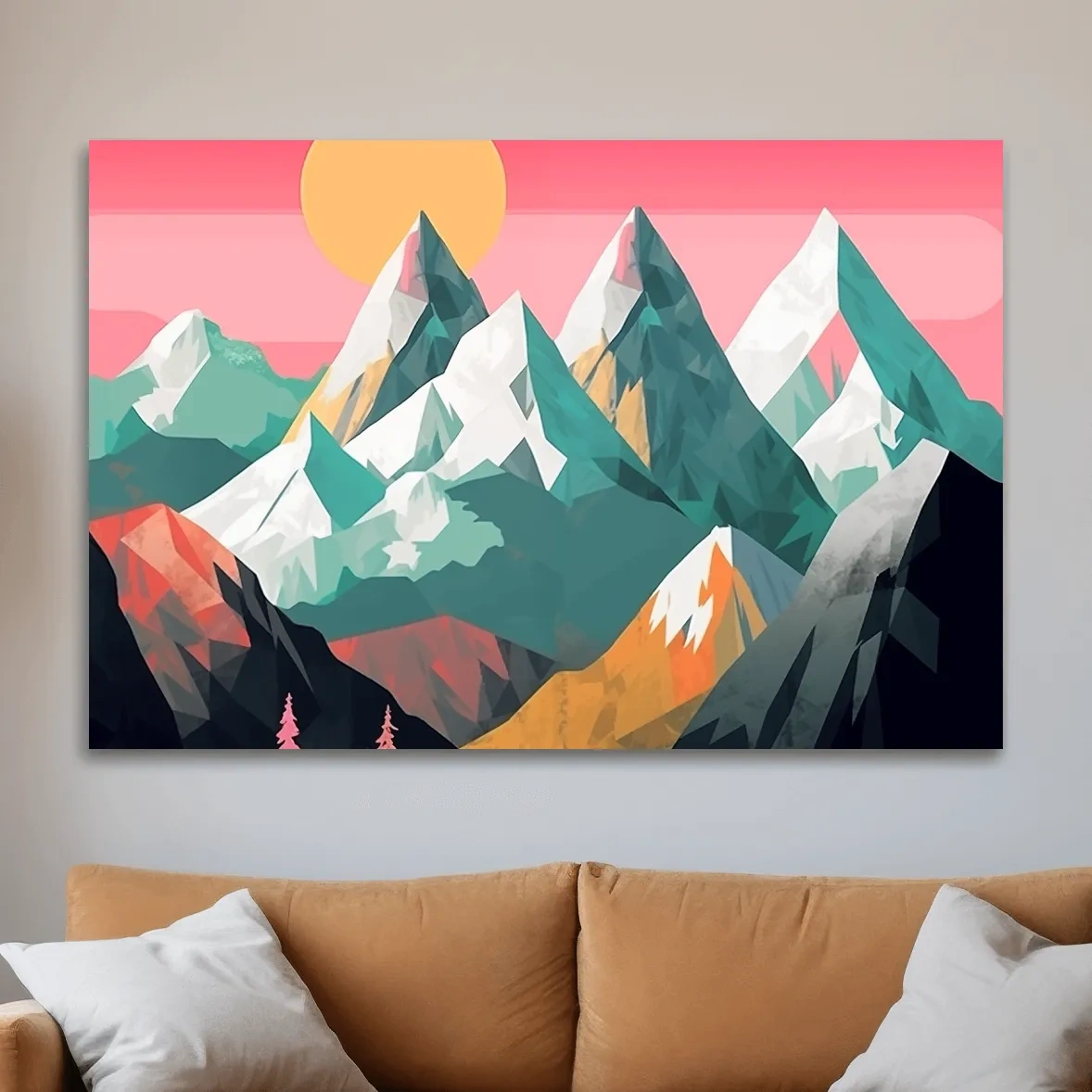 Alpine Mountains Sunrise Illustration - Colorful Landscape Wall Art