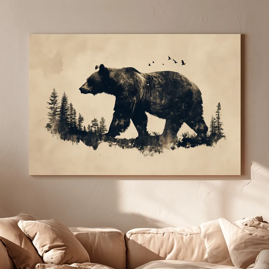 Vintage Grizzly Bear Forest Silhouette - Rustic Wildlife Wall Art
