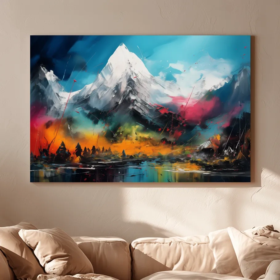 Vibrant Abstract Alpine Mountain Peaks - Colorful Impasto Painting Style Wall Art