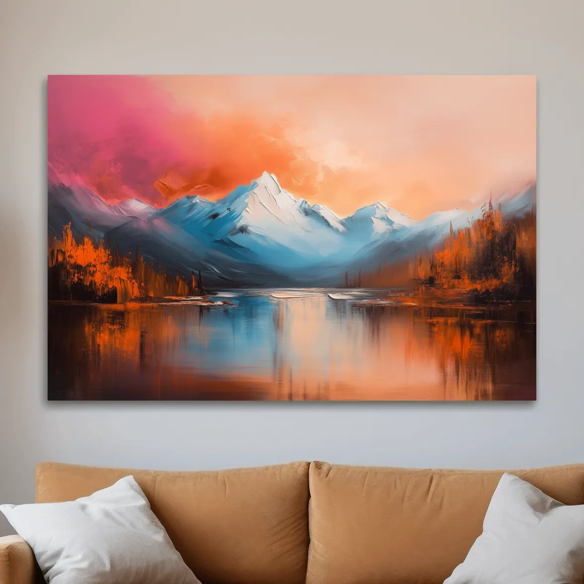 Textured Sunset Mountain Lake Painting - Serene Abstract Landscape Wall Art