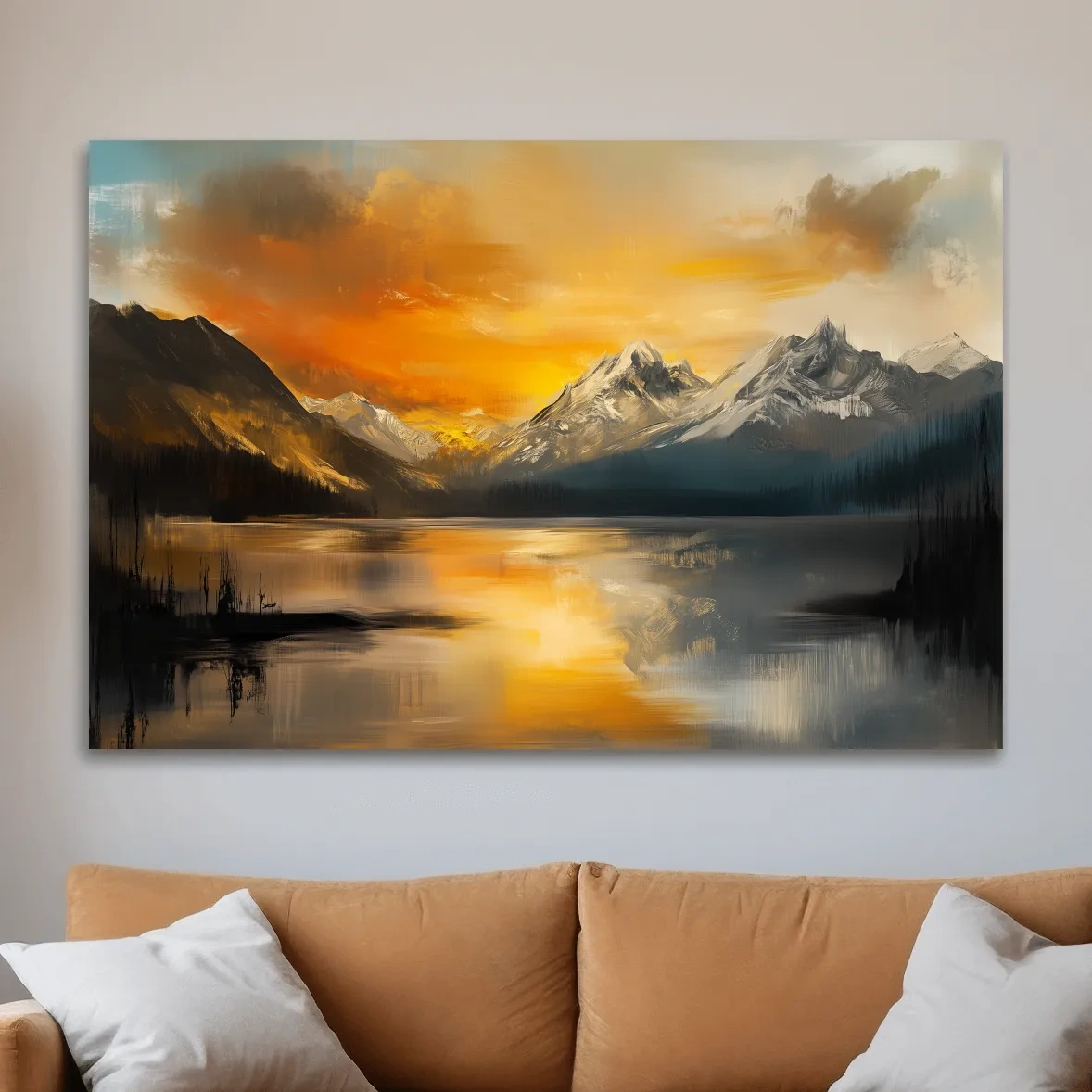 Moody Alpine Mountain Lake Sunset Painting - Oil Painting Style Wall Art
