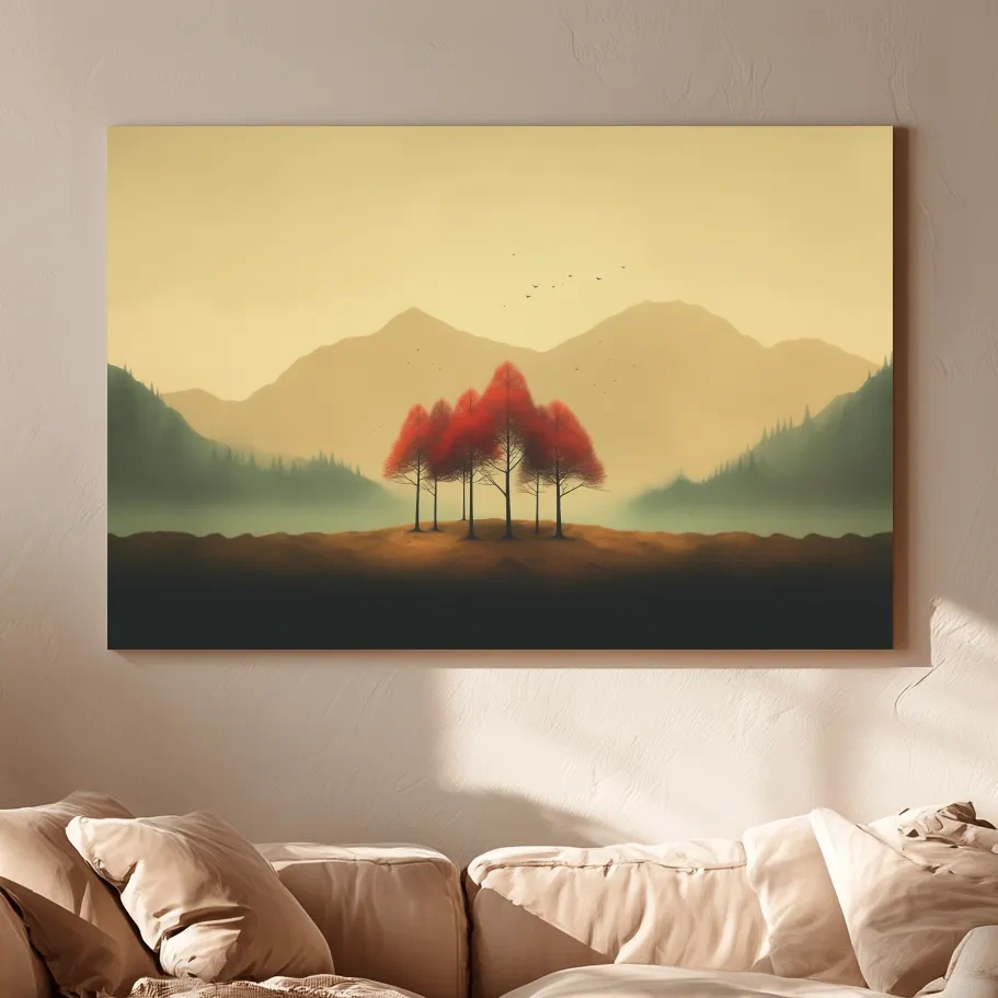 Minimalist Autumn Tree Grove Landscape - Misty Mountain Forest Wall Art