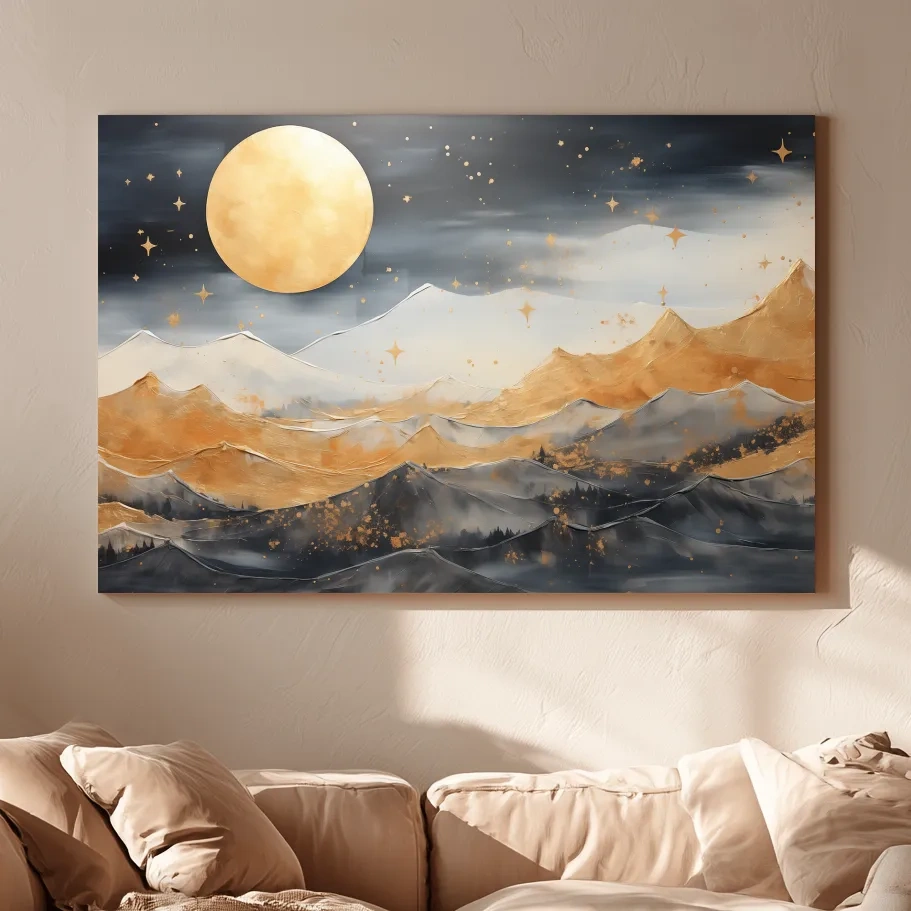 Golden Moonlit Abstract Mountain Landscape - Modern Metallic Watercolor Wall Art