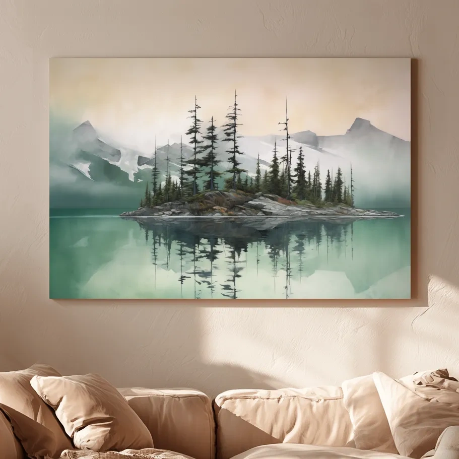 Misty Turquoise Alpine Lake Reflection - Serene Watercolor Mountain Landscape Wall Art