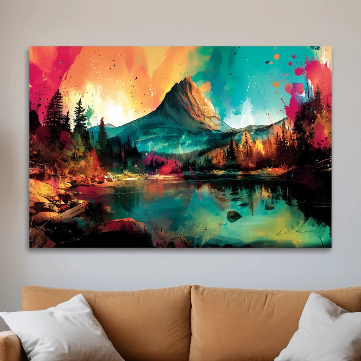 Vibrant Abstract Alpine Mountain Sunrise - Colorful Watercolor Style Artwork