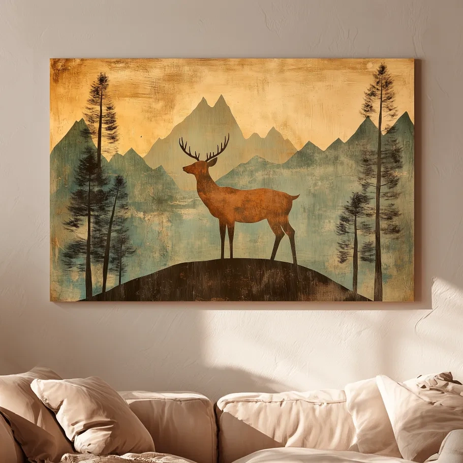 Rustic Deer Silhouette Mountain Landscape - Vintage Woodland Wall Art