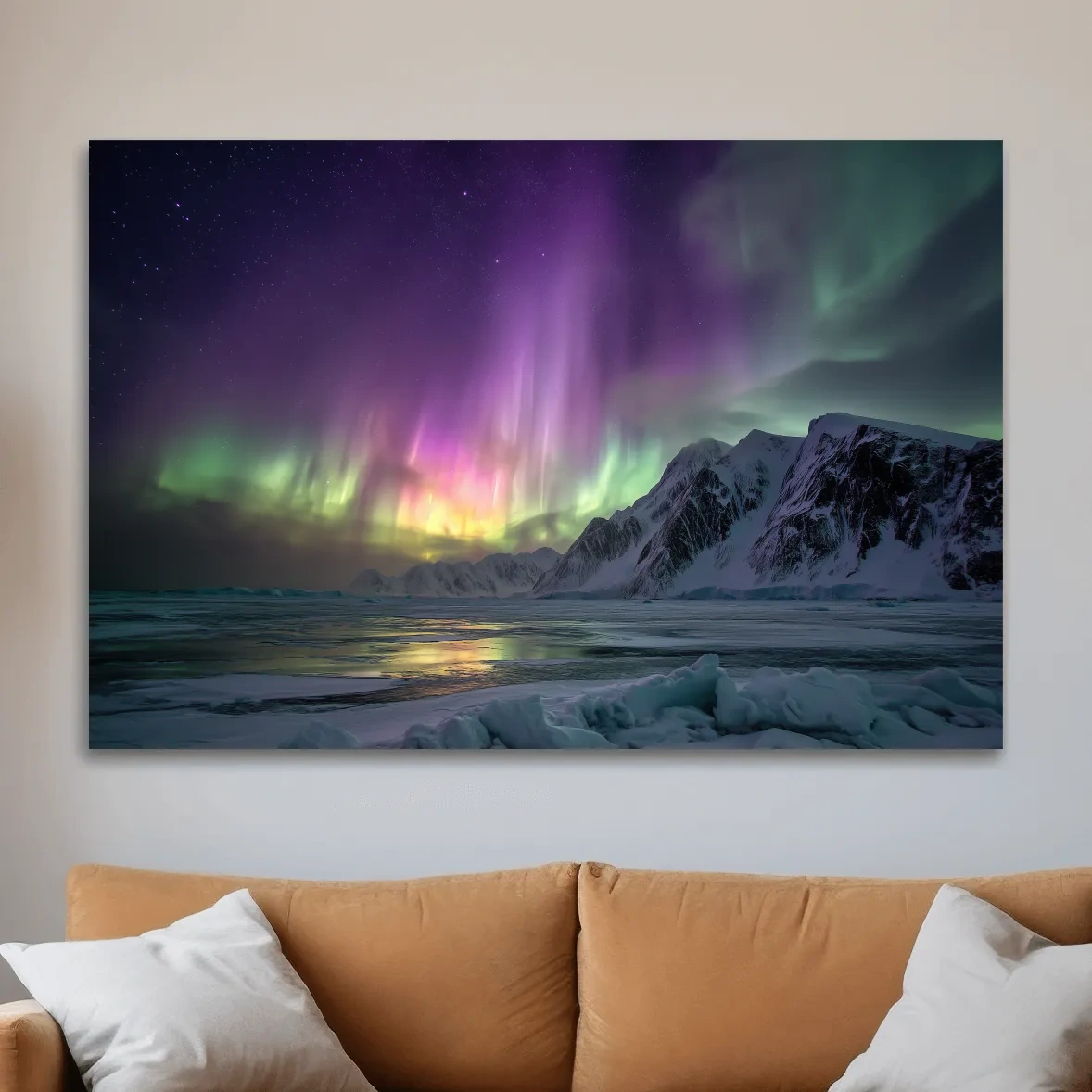 Vibrant Northern Lights Over Snowy Mountains - Aurora Borealis Photographic Night Sky Wall Art