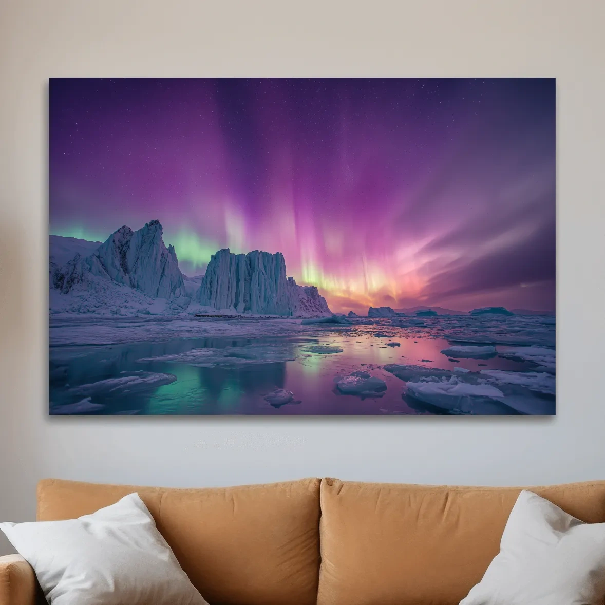 Vibrant Purple Northern Lights Over Arctic Icebergs - Aurora Borealis Landscape Wall Art