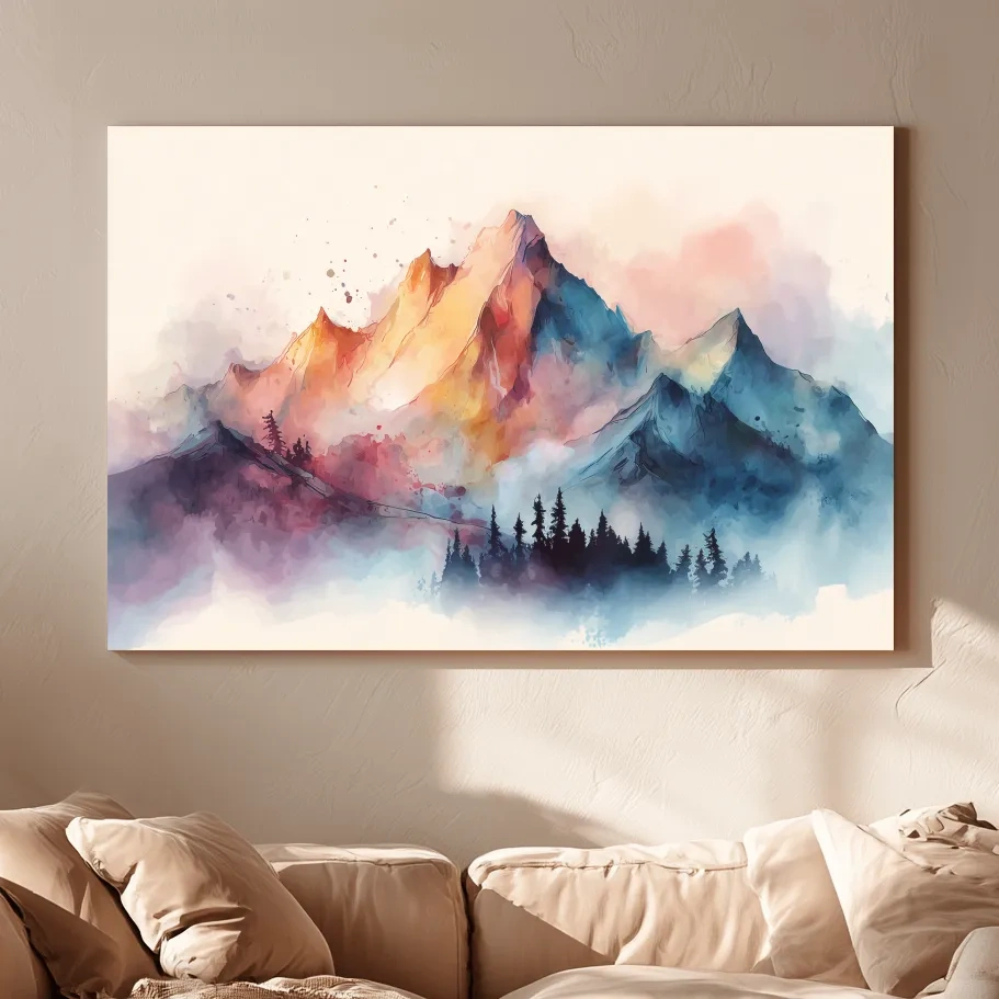 Vibrant Watercolor Mountain Peaks - Colorful Misty Alpine Forest Wall Art