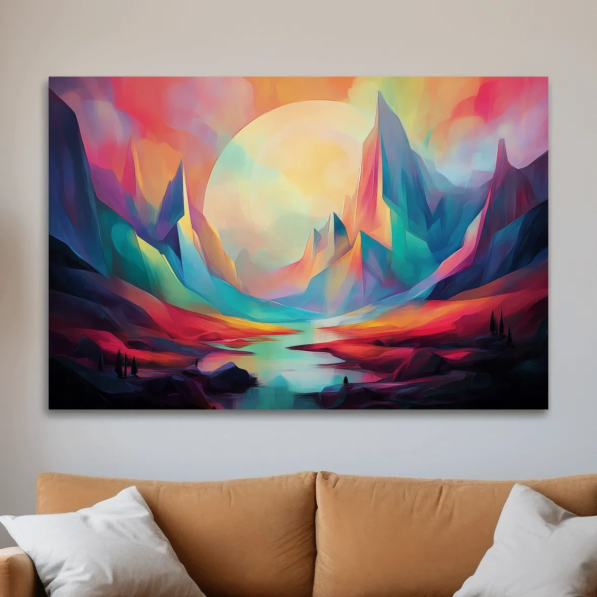 Vibrant Abstract Mountain Valley Sunset - Colorful Surreal Landscape Wall Art