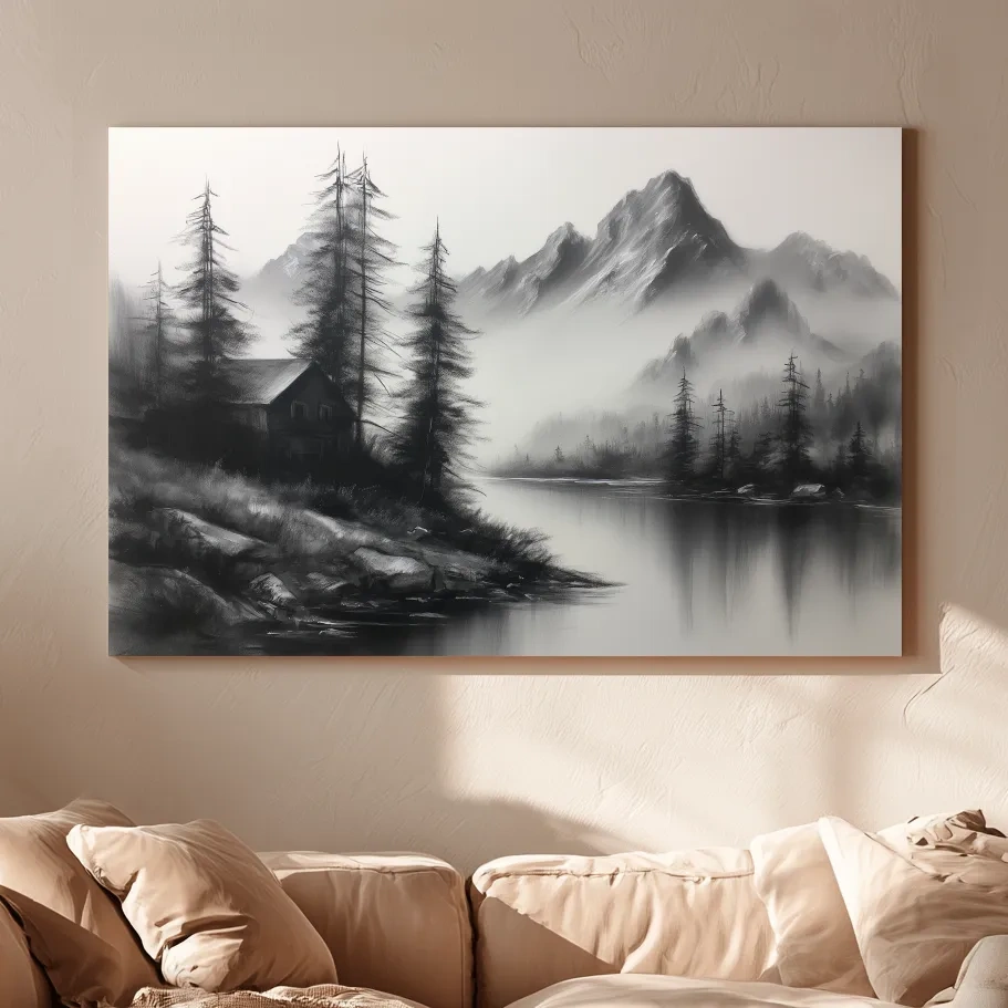 Moody Monochrome Alpine Lake Cabin - Charcoal Mountain Sketch Style Wall Art