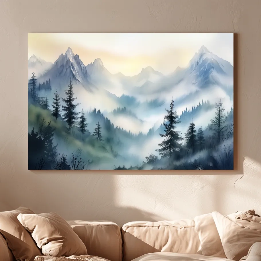 Chinese Ink Wash Watercolor Mountain Peaks - Foggy Alpine Wall Art
