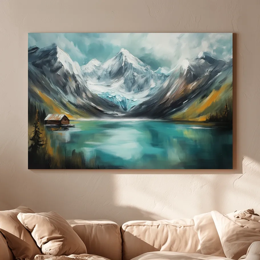 Turquoise Alpine Lake Cabin Painting - Snowy Mountain Landscape Wall Art