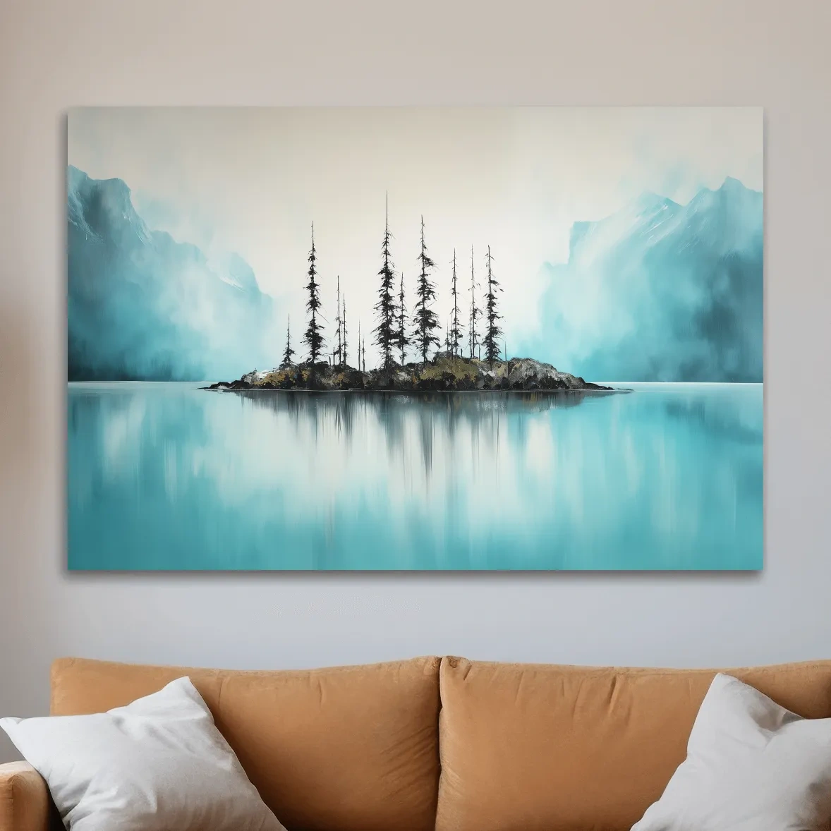 Misty Turquoise Mountain Lake Reflection - Minimalist Watercolor Landscape Wall Art