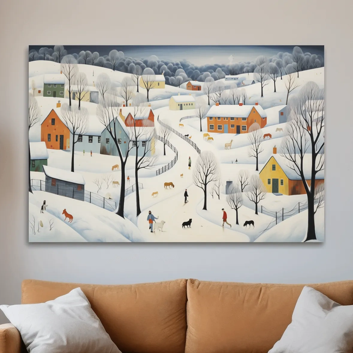 Whimsical Snowy Village Winter Landscape Painting - Folk Art Countryside Wall Art