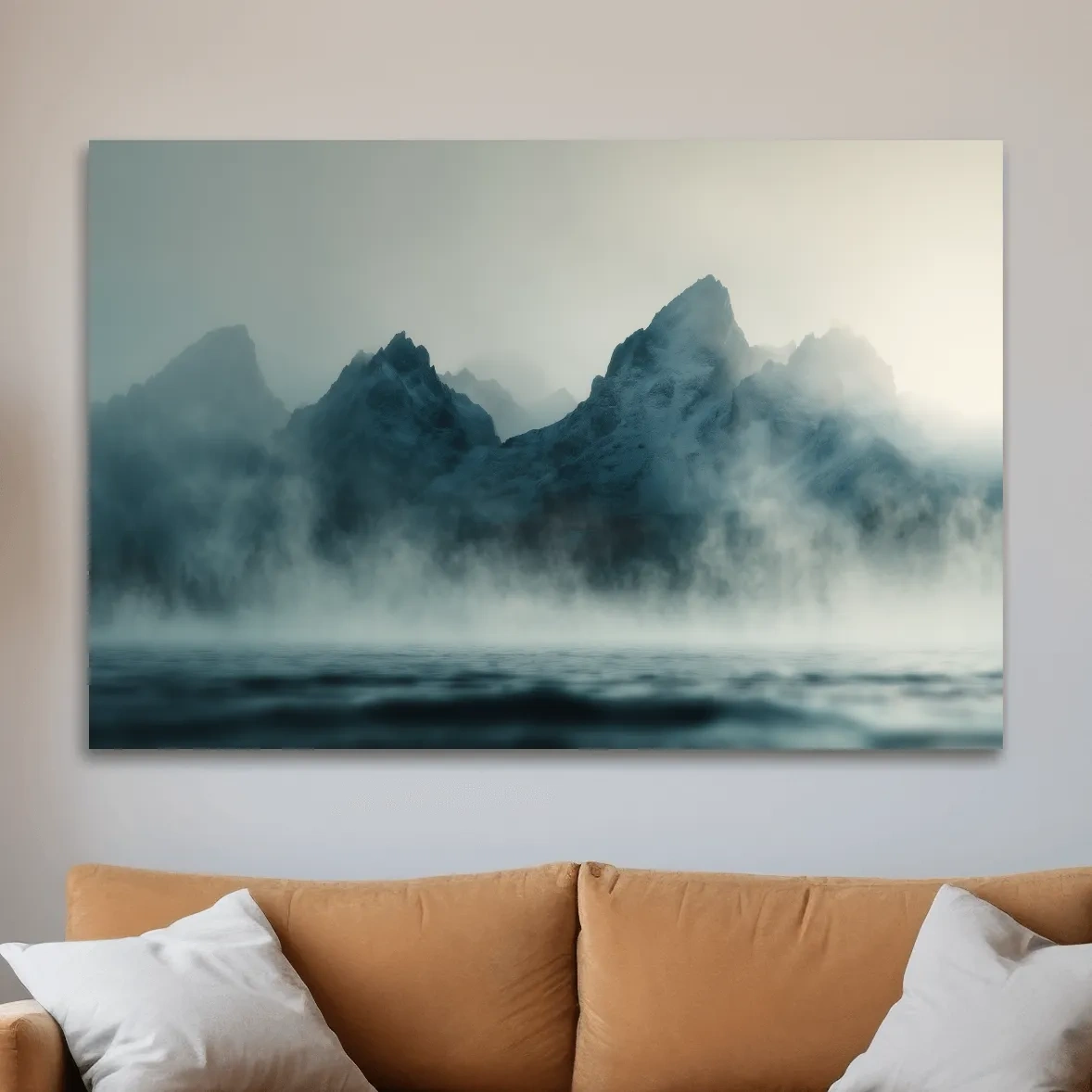 Moody Misty Mountain Peaks Over Water - Atmospheric Monochrome Landscape Wall Art