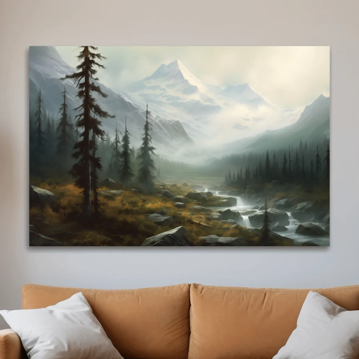 Misty Alpine Mountain Valley Painting - Foggy Evergreen Forest Wall Art